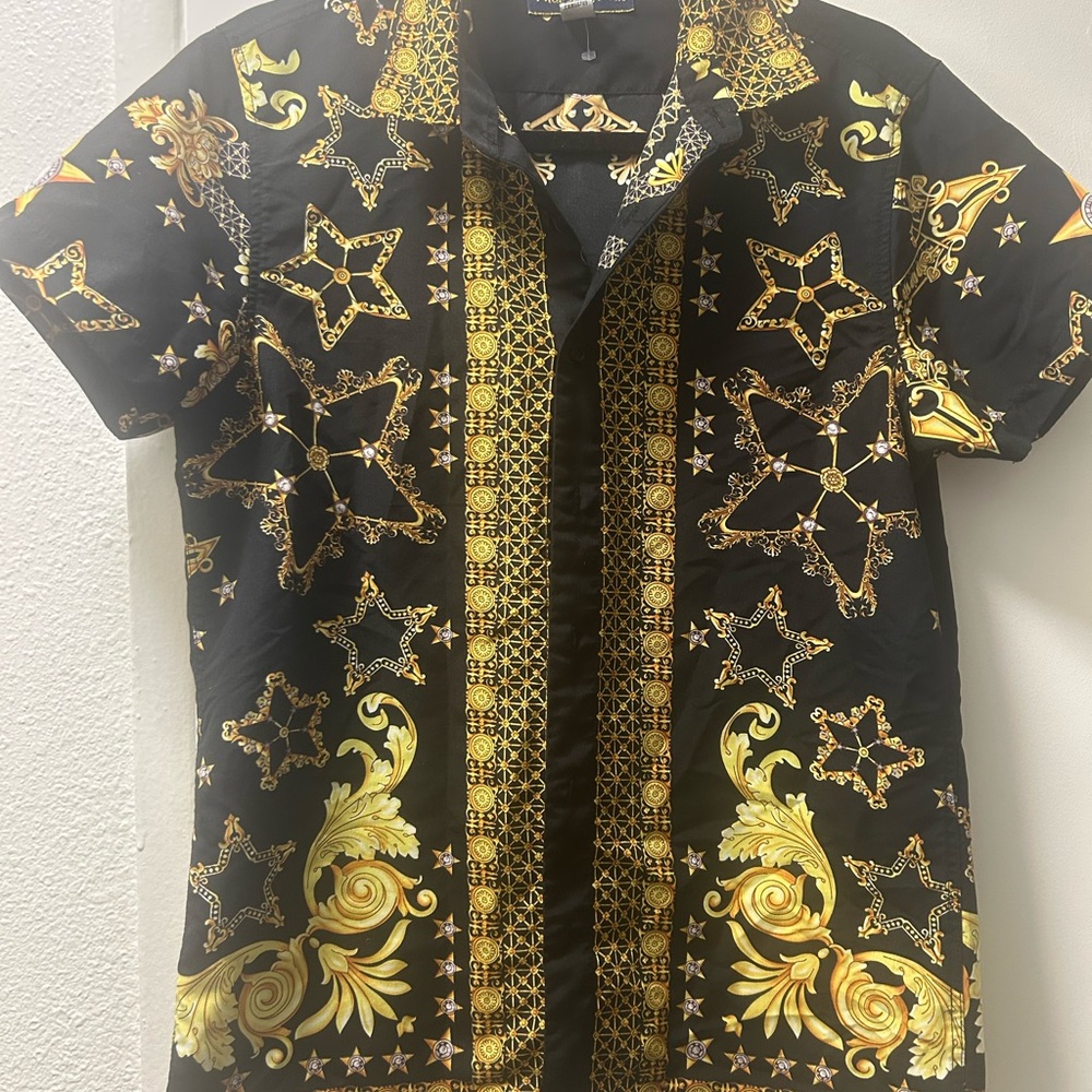Phat Farm Black and Gold Star Pattern Casual Button Down Shirt